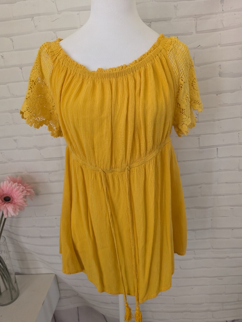 Blush - Yellow Lace Sleeve Peasant Top